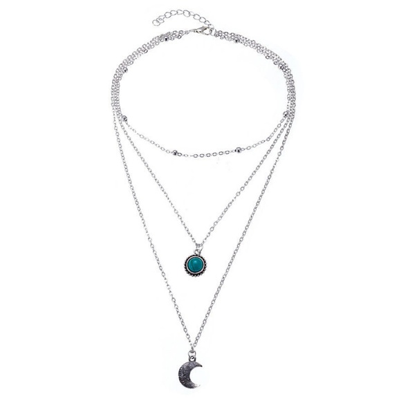 Boho Silver Moon Turquoise Pendant Layer Necklace - Picture 6 of 8